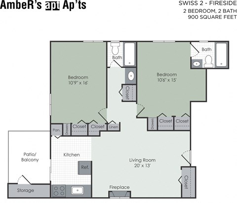Floor plan for 2 beds, 1 bath, 900 sqft
